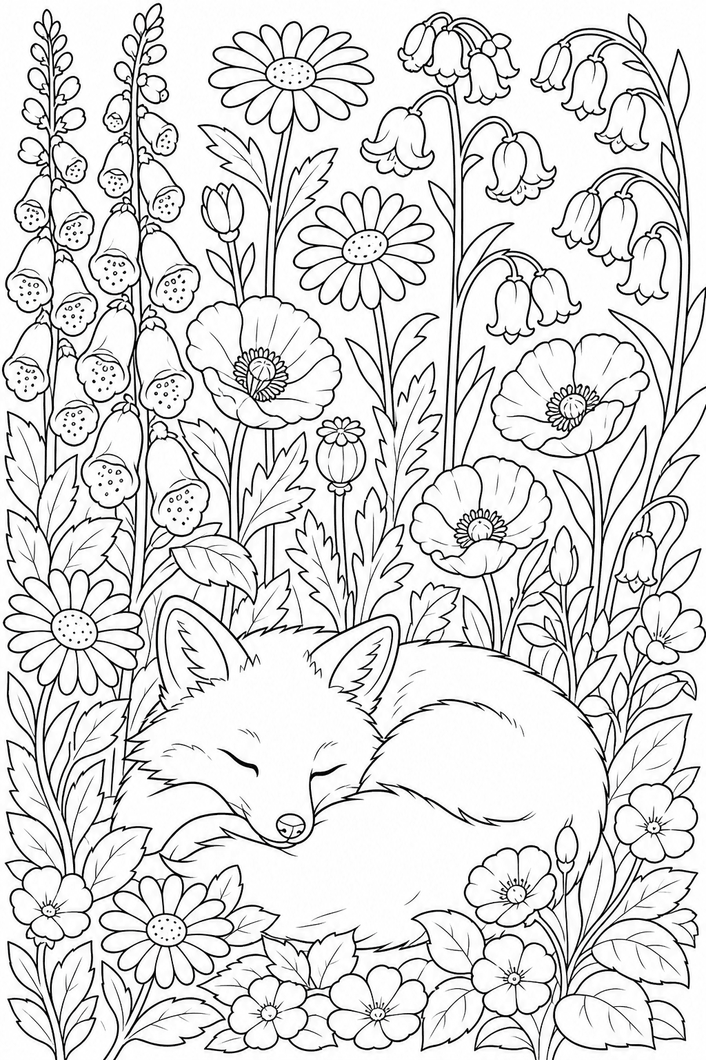 Fox among flowers line art