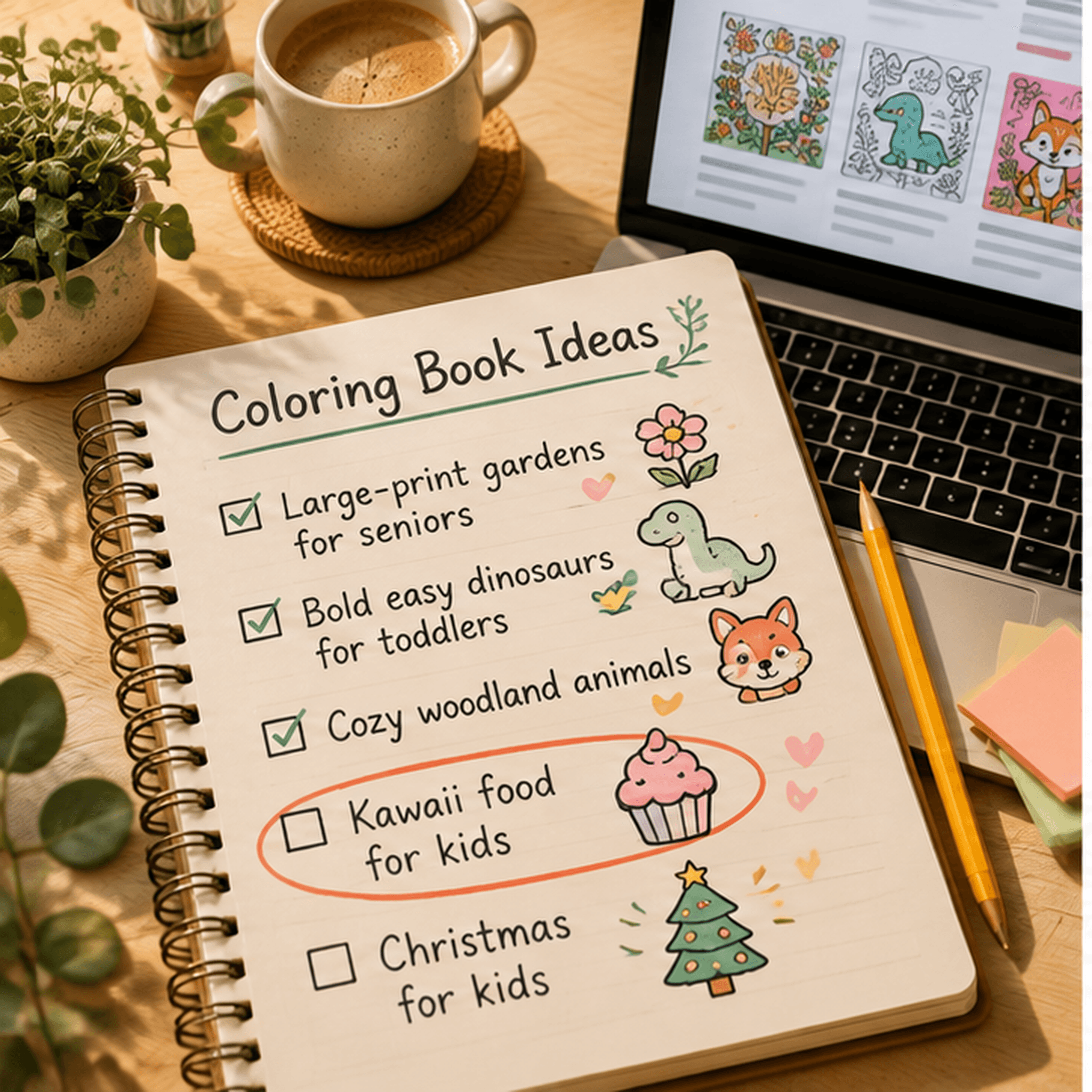 Notebook of coloring book niche ideas beside a laptop