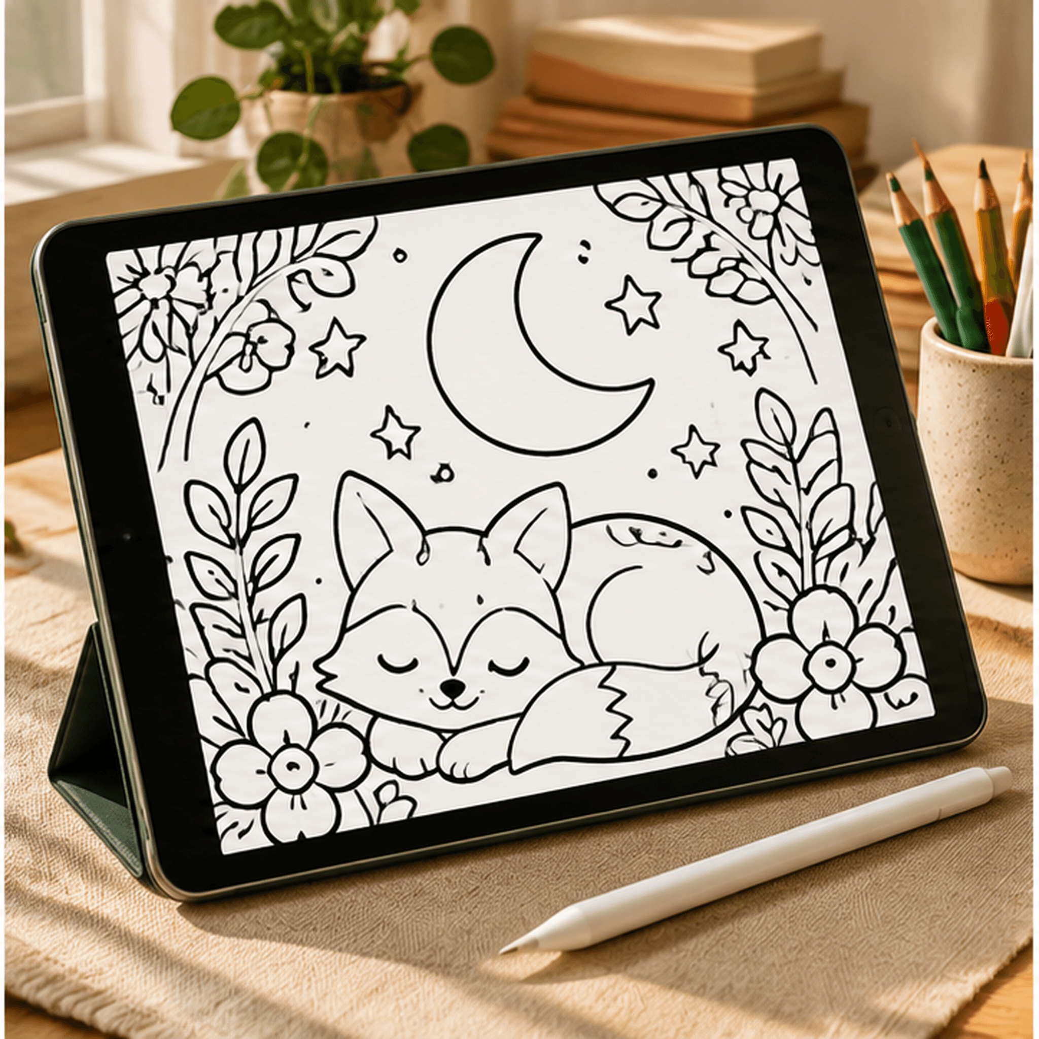 Tablet showing a fox coloring page