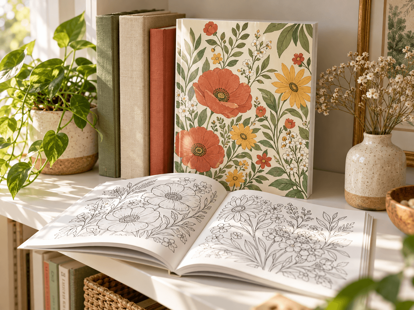 A paperback floral coloring book on a shelf