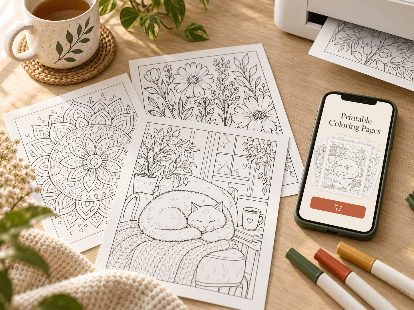 Printable PDF pages beside a phone storefront