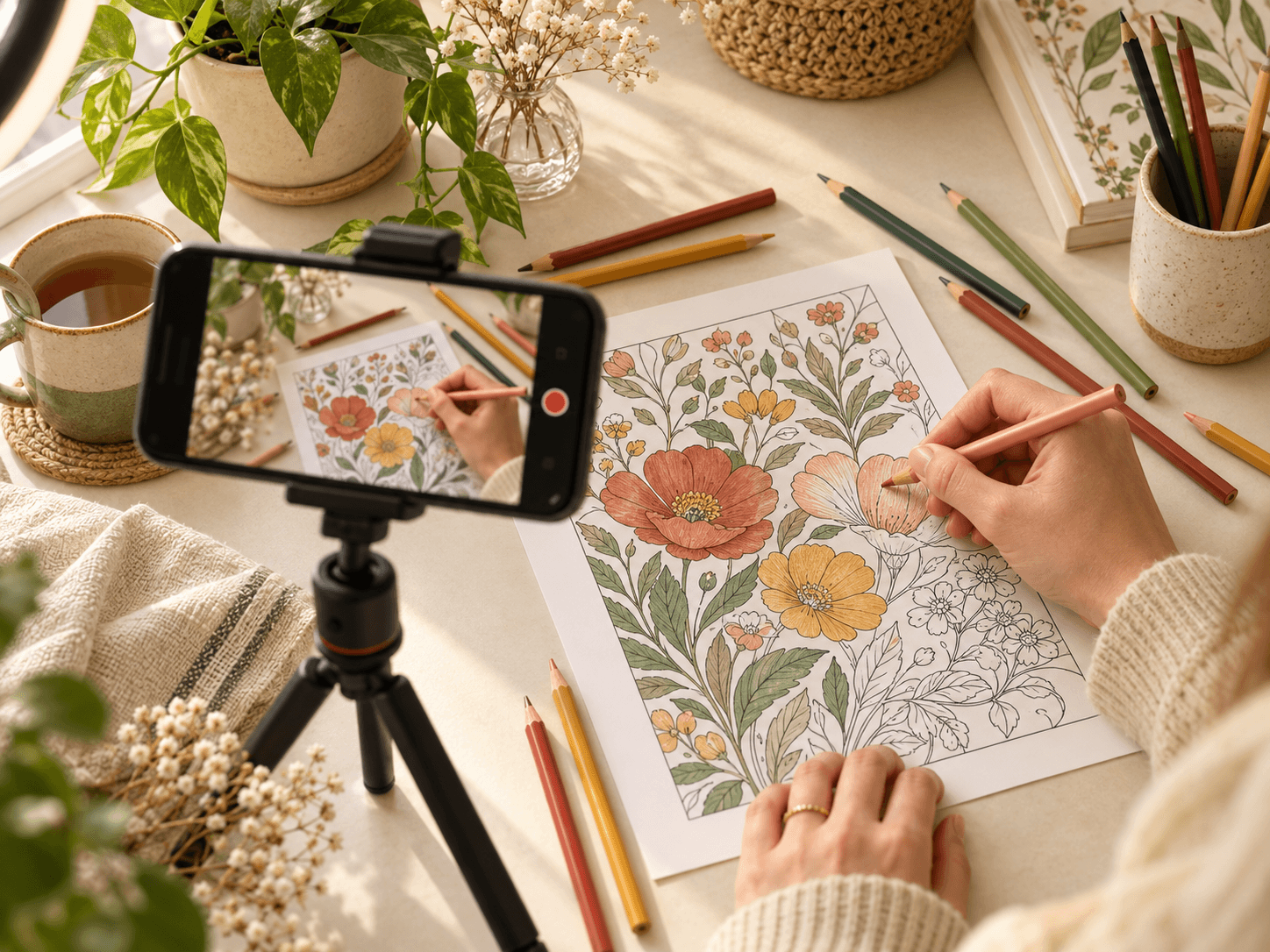 Phone filming a page being colored
