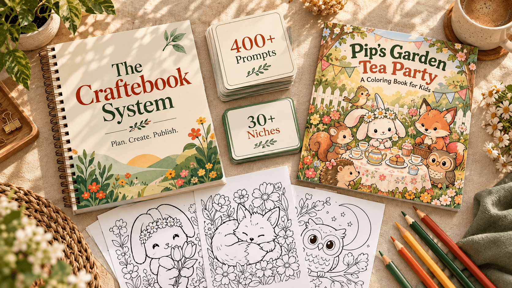 The Craftebook System flat lay: guide, prompt cards and a finished book